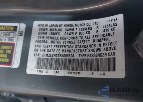 2014 Honda Insight from USA, damaged, VIN JHMZE2H33ES000300